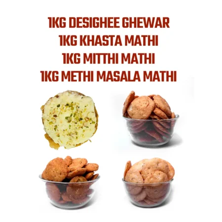 “AJN1” Teej Special Combo ( 1KG Desighee Ghewar, 1KG Khasta Mathi, 1KG Mitthi Masala Mathi, 1KG Mithi Mathi ) )